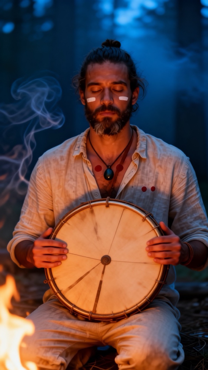 A man holds a frame drum against his chest by firelight
